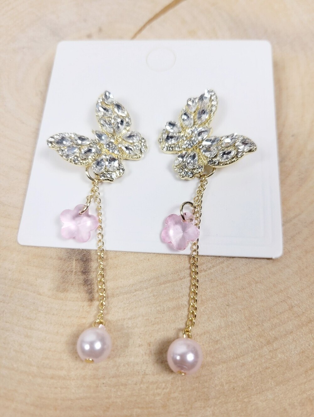 Brand New Gold Tone Butterfly Rhinestone Pink Pearl Earrings